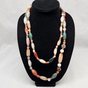 Polished Agate Jasper Natural Stone Multi-Color Long Chunky Beaded Necklace